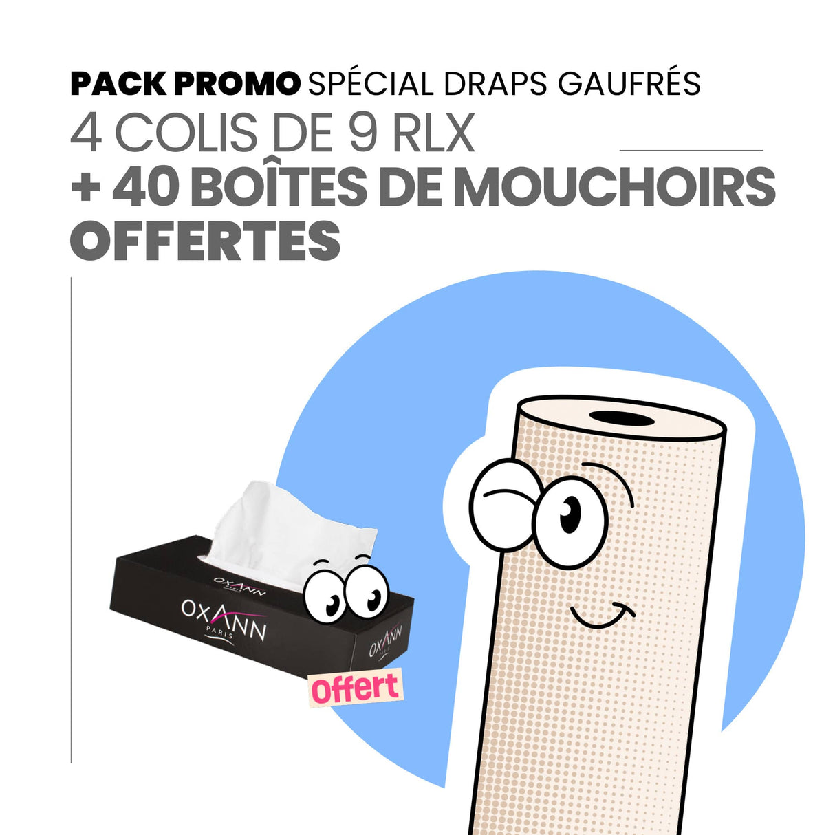 Pack 4 colis draps gaufrés + 40 boites mouchoirs offerts